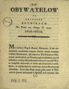 Do Obywatelow Po Odbytych Seymikach Na Dzień 14. Lutego R. 1792. Zwołanych