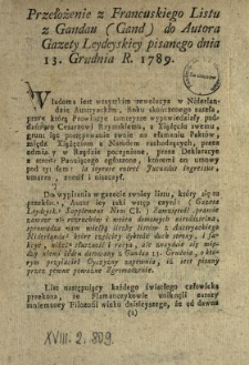 Przełożenie z Francuskiego Listu z Gandau (Gand) do Autora Gazety Leydeyskiey pisanego dnia 13. Grudnia R. 1789