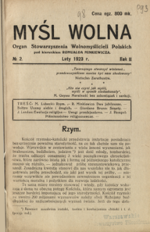 Myśl Wolna : organ Stow. Wolnomyślicieli Polskich, R. 2, nr 2