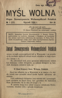 Myśl Wolna : organ Stow. Wolnomyślicieli Polskich, R. 3, Nr 1
