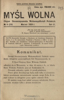 Myśl Wolna : organ Stow. Wolnomyślicieli Polskich, R. 3, Nr 3