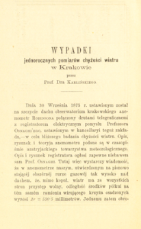 Wypadki jednorocznych pomiarów chyżości wiatru w Krakowie