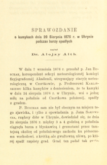 Sprawozdanie o kamykach dnia 20 Sierpnia 1876 r. w Uhrynie podczas burzy spadłych