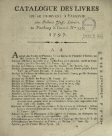 Catalogue Des Livres Qui Se Trouvent à Varsovie chez Fréderic Pfaff, Libraire, au Fauxbourg de Cracovie Nro 435