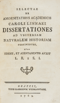 Selectae ex Amoenitatibus Academicis Caroli Linnaei Dissertationes Ad Universam Naturalem Historiam Pertinentes, Quas Edidit, Et Additamentis Auxit L. B. e S. I. [i.e. G. L. Biwald]