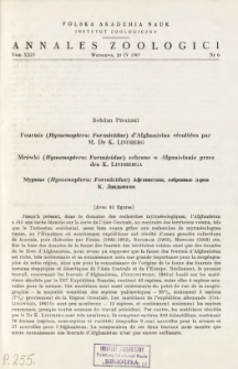 Fourmis (Hymenoptera: Formicidae) d'Afghanistan récoltées par M. Dr K. LINDBERG = Mrówki (Hymenoptera: Formicidae) zebrane w Afganistanie przez dra K. LINDBERGA