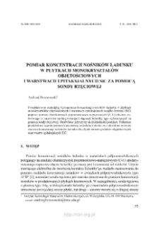 Pomiar koncentracji nosników ładunku w płytkach monokryształów objętościowych i warstwach epitaksjalnych SiC za pomocą sondy rtęciowej = Measurement of charge carrier concentration in SiC wafers of bulk crystals and epitaxial layers using mercury probe