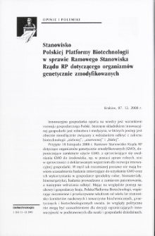 Stanowisko Polskiej Platformy Biotechnologii w sprawie Ramowego Stanowiska Rządu RP dotyczącego organizmów genetycznie zmodyfikowanych