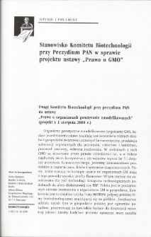 Stanowisko Komitetu Biotechnologii przy Prezydium PAN w sprawie projektu ustawy „Prawo o GMO”