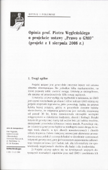 Opinia prof. Piotra Węgleńskiego o projekcie ustawy „Prawo o GMO” (projekt z 1 sierpnia 2008 r.)