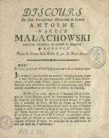 Discours De Son Excellence Monsieur le Comte Antoine Nałęcz Małachowski Palatin Général du Duché de Masovie Prononcé Dans la Séance de la Diète le 31. de Mars 1791