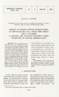 Impact of starch sewage fertilization on phytocenoses of a fresh pine fores and a clearing. 2, Matter and nutrient economy under conditions of sewage fertilization