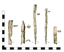 artifacts: 1.-5. Fragments, 2. Arrowhead with a sleeve, damaged, 3.-4. Nail, headlesss