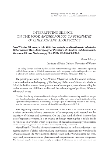 Antropologia psychiatrii dzieci i młodzieży. Wybór tekstów [Eng. Anthropology of Psychiatry of Children and Adolescents], Anna Witeska-Młynarczyk (ed.) 2018. Warszawa: Oficyna Naukowa, pp. 364, ISBN 978-83-64363-94-8. : [recenzja]